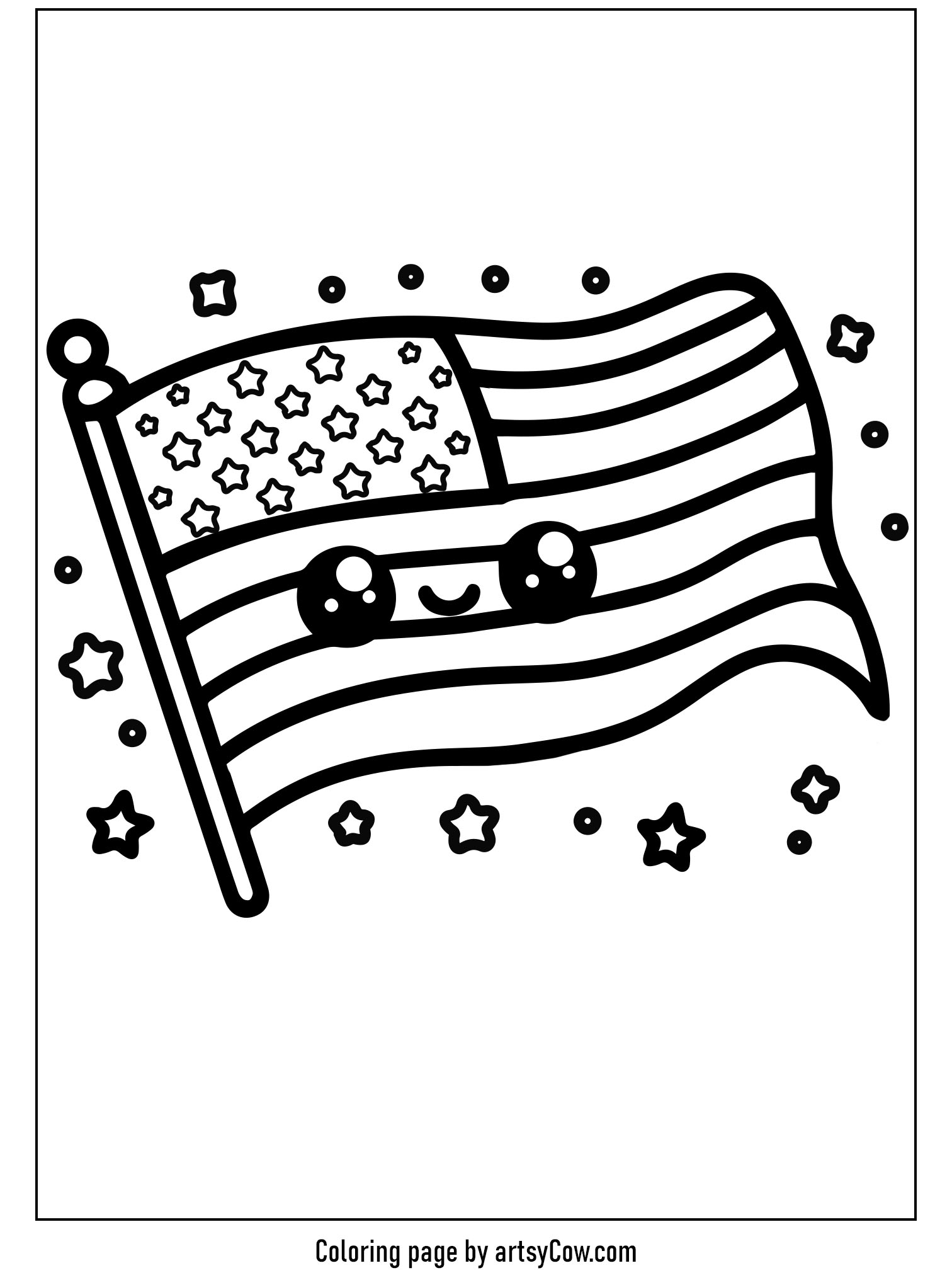 Presidents Day Coloring Pages featuring a cute, smiling American flag surrounded by stars and dots, perfect for kids to color and enjoy.